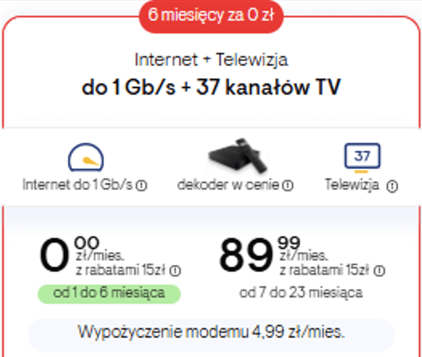 Internet 1GB + 37 kanałów TV